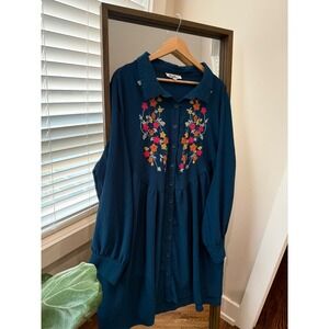 Haptics Holly Harper Women 3X Embroidered Floral Button Front Shirt Dress